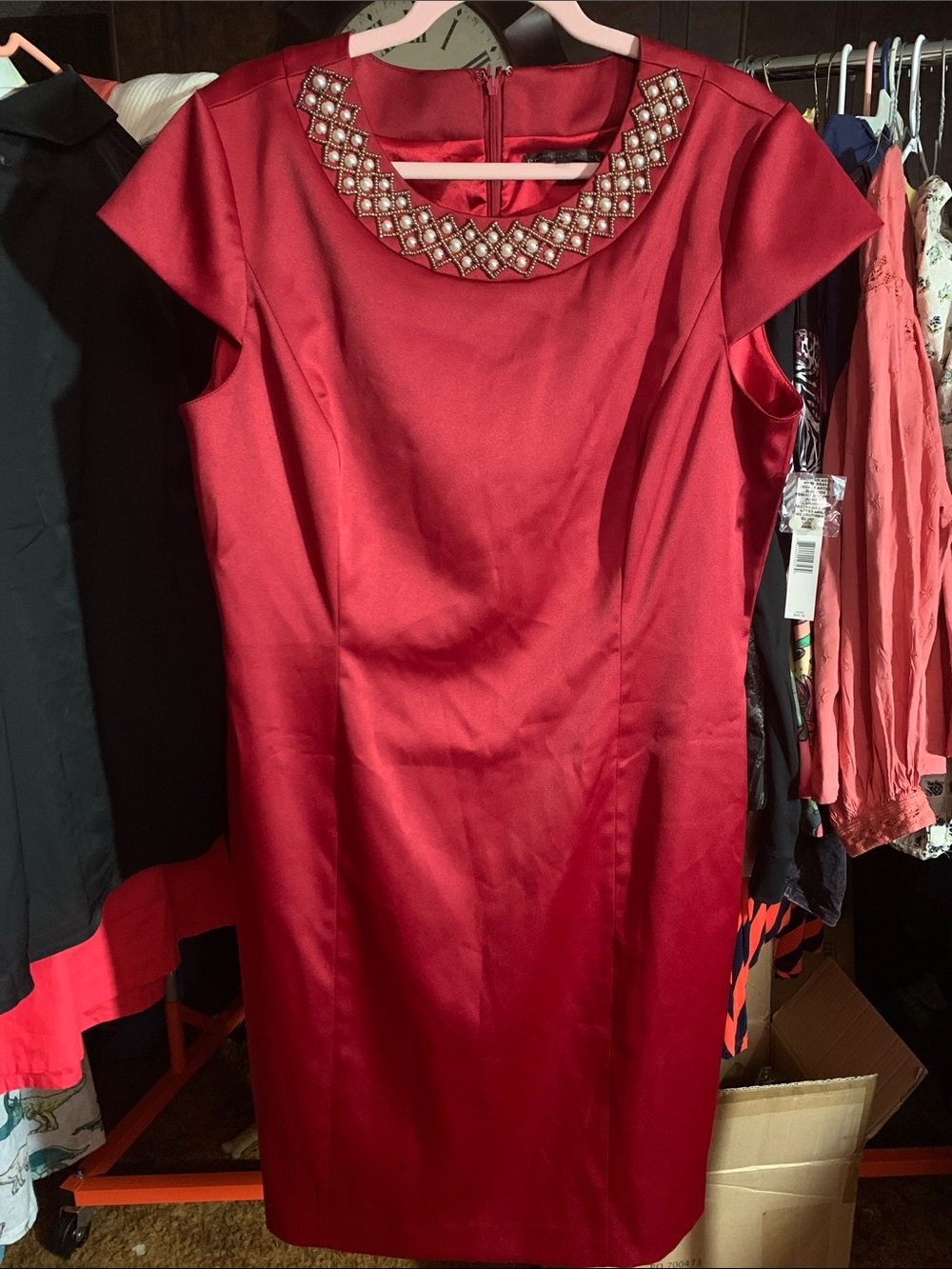 Preston & York Ruby Red Midi Dress with Jeweled Collar